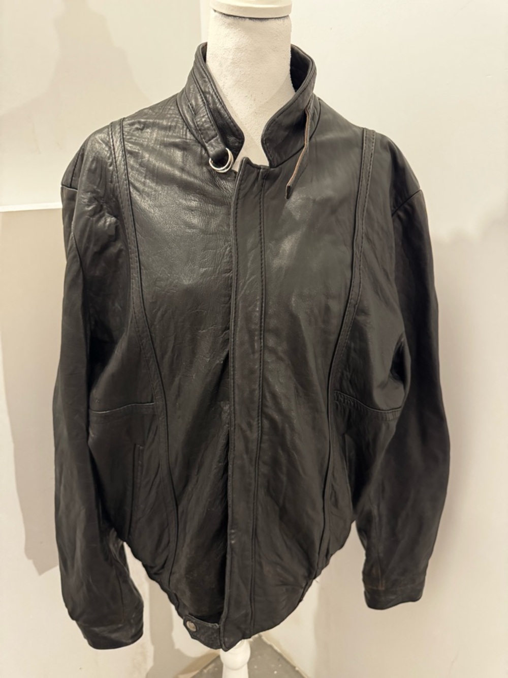 Vintage Black Leather Bomber Jacket